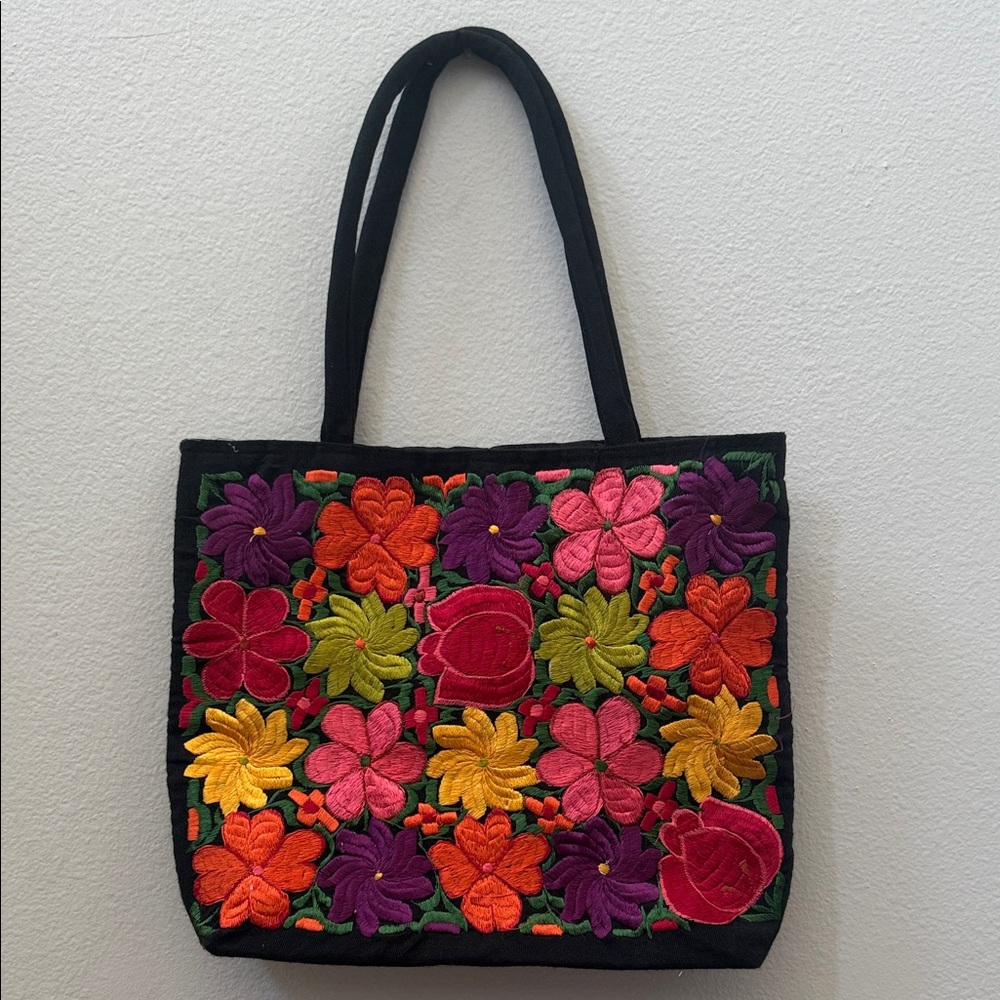 Floral Embroidered Black Tote Bag